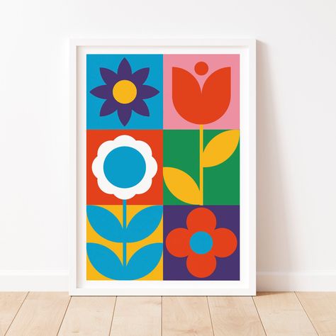 Bespoke Illustration, Retro Flower Print, Bauhaus Print, Geometric Nature, Mid Century Wall Art, Wall Art Retro, Modern Art Print, Bauhaus Style, Sell My Art