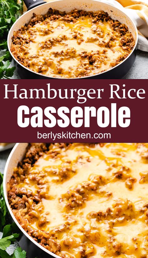 Hamburger Rice Casserole is an easy, cheesy, one-pan meal that's made with ground beef, onions, rice, savory seasonings, and topped with plenty of melted cheese. #berlyskitchen Cheese Ground Beef Rice Casserole, Hamburger Over Rice, Ground Meat And Rice Casserole, Ground Beef Recipes And Rice, Homemade Hamburger Helper With Rice, Burger Rice Casserole, Foods With Hamburger Meat, Cheesy Hamburger And Rice Casserole, Cheesy Beef Rice Casserole