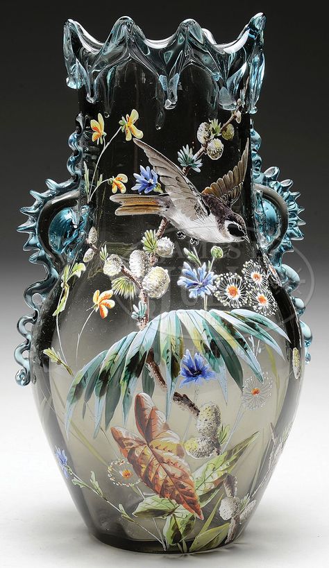 James D. Julia, Inc. - Moser Enameled Vase. Smoke colored glass with applied blue crystal rigaree to edge of vase and wishbone decoration around top. Enameled decoration of a bird flying over a garden of flower blossoms,pods, leaves and branches Moser Glassware, Vase Cristal, Moser Glass, Glass Vase Decor, Beautiful Vases, Lava Flow, Vases For Sale, Birds And Flowers, Gorgeous Glass