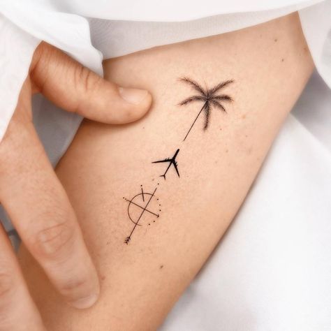 Fine Line Palm Tree Tattoo, Minimalist Travel Tattoo, Evergreen Tattoo, Trip Tattoo, Plane Tattoo, Minimalistic Tattoo, Airplane Tattoos, Tropical Palm Trees, Travel Tree