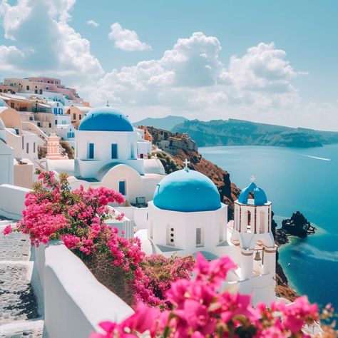 "Santorini Coastal Charm: Stunning view of blue domed churches overlooking the calm sea surrounded by vibrant pink flowers. #santorini #greece #travel #tourism #blue #aiart #aiphoto #stockcake ⬇️ #Download and 📝 #Prompt 👉 https://stockcake.com/i/santorini-coastal-charm_238077_45625". Blue Domes Santorini, Calm Sea, Black And White Dog, Blue Anime, Coastal Charm, Halloween Lights, Travel Tourism, The Calm, Santorini Greece