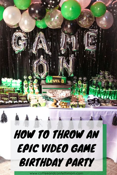 All the details to throw an epic video game party for a virtual reality arcade like Spectrum  or a game truck.  Check out the fun lights and favors! #birthdaypartyideas #birthdaypartyfavors #boybirthday #videogame #virtualreality #birthdaypartyplanner #birthdayparty Programmer Birthday Party Ideas, Videogame Party Ideas, Video Game Centerpieces, Video Game Birthday Party Activities, Gaming Party Ideas Boys, Game On Birthday Party Ideas, Gaming Birthday Party Ideas Boys, Gamer Party Ideas Boys, 13th Birthday Party Ideas For Boys