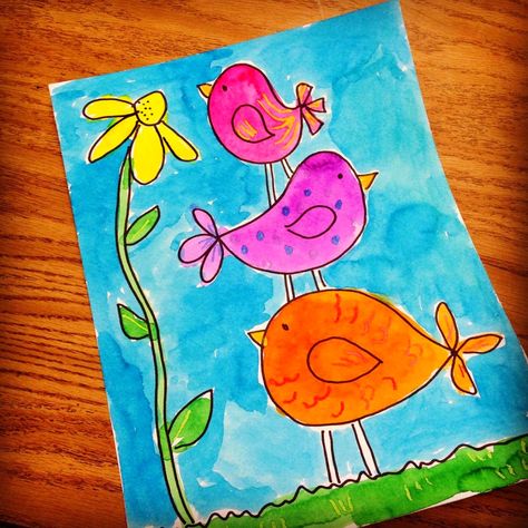 Little Birdies Watercolor Painting Prek Spring Art Projects, 1st Grade Spring Art, Original Works Fundraiser Art Ideas, November Art, Magritte Art, Art Docent, Season Art, Spring Drawing, Art Fundraiser