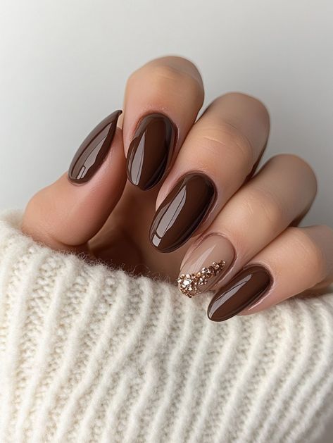 Simple Nail Ideas For Fall, Simple Nail Colors Fall, Almond Shape Nails Fall Colors, Fall Nails Chocolate Brown, Brown November Nails, Brown Taupe Nails, November To December Nails, Rich Brown Nails, French Fall Nail Designs