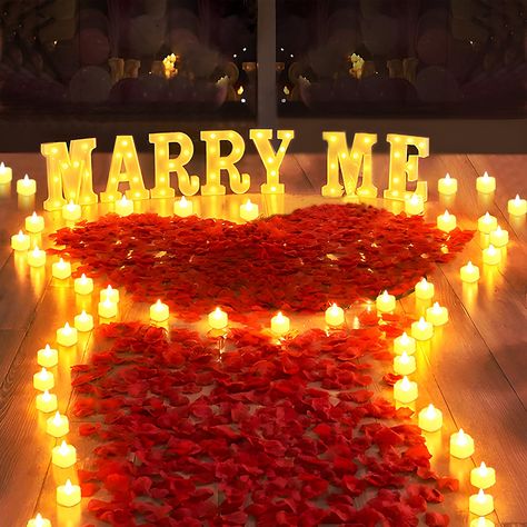 PRICES MAY VARY. 🌹【MARRY ME Light Up Set】You will get 7 LED letter lights “M-A-R-R-Y M-E”, 24 pcs LED candles, 2000 pcs artificial rose petals. Warm and elegant lighting, increase romantic atmosphere, make your proposal ceremony more romantic and unforgettable. 🌹【Easy to Use】The MARRY ME sign and tea candles are powered by the battery (MARRY ME sign not include battery, tea candles include battery). There is no need to worry about not having a power source nearby which will affect your proposa Proposal Decorations, Marry Me Sign, Proposal Romantic, Night Decor, Surprises For Her, Light Up Letters, Engagement Inspo, Wedding Proposals, Engagement Party Decorations