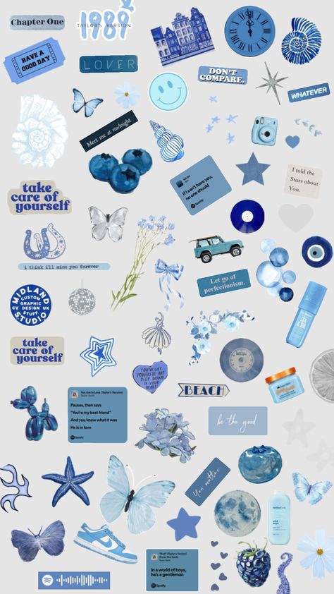 #blue #wallpaper #collages Blue Collage Pictures, Blue Scrapbook Stickers, Blue Stickers Aesthetic Printable, Cute Blue Stickers, Blue Collage Wallpaper, Wallpaper Collages, Notebook Collage, Blue Dorm, Art Homework