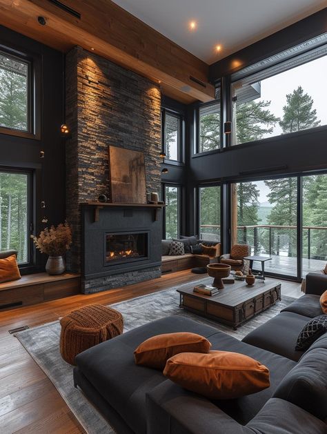 Open Window House, Industrial Style Fireplace, Black Barndominium Interior Ideas, Dream Home Interiors, Mountain Lodge Living Room, Moody Farmhouse Living Room, Dark Modern Living Room, Dark Farmhouse, Mountain Ideas