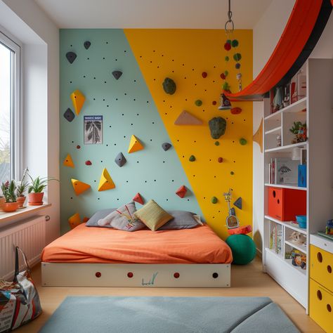 Colorful Kids Room Boy, Colourful Boys Bedroom, Childs Bedroom Ideas, Boys Adventure Bedroom Ideas, Climbing Bedroom, 8 Year Boy Room Ideas, Boys Adventure Bedroom, Boys Room Paint Ideas, Explorer Bedroom