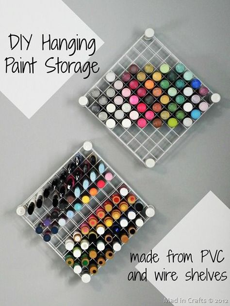 DIY Hanging Paint Storage Craft Paint Storage, Diy Organizer, Dream Craft Room, Paint Storage, Ideas Para Organizar, Scrapbook Room, Craft Area, Craft Paint, Office Crafts