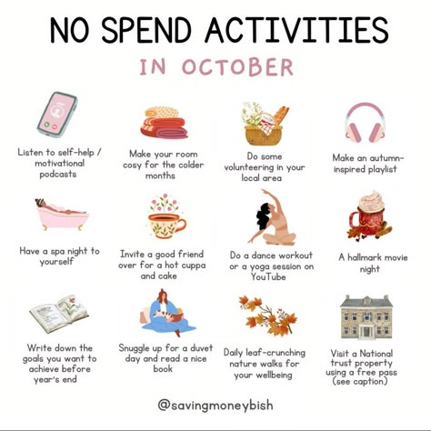 No Spend Activities, No Spend, Spa Night, Fall Mood Board, Fall Bucket List, Fall Mood, Autumn Activities, Self Care Activities, Walking In Nature