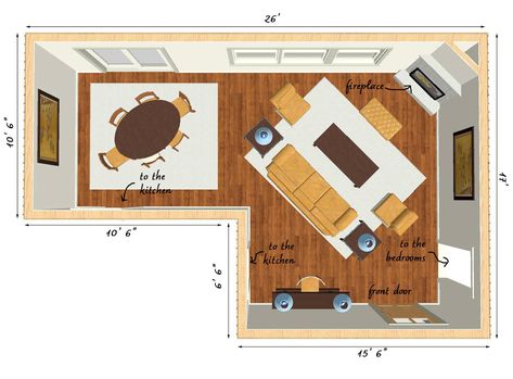 Furniture arrangement for an L-shaped living room with a corner fireplace Pentagon Living Room Layout, Corner Fireplace Small Living Room Layout, Dining Room With Corner Fireplace, Small Living Room Layout With Corner Fireplace, Small Living Room Corner Fireplace, L Shaped Living Room Dining Room Layout, Small Living Room With Corner Fireplace, L Shaped Room Layout Bedroom, Angled Fireplace Living Room