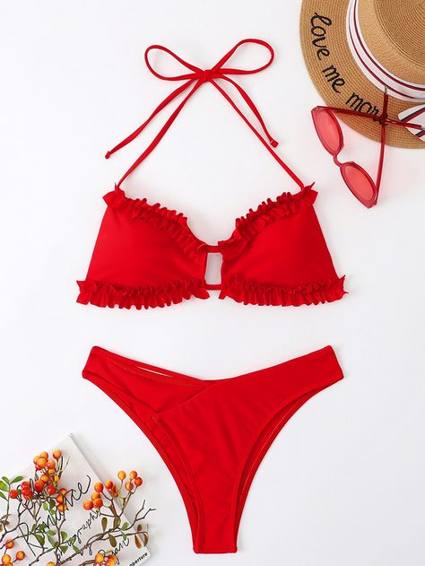 Red Sexy    Plain  Embellished High Stretch  Women Beachwear Beachwear For Women, Women Swimsuits, No Frills, String Bikinis, Cut Out, Trim, Red