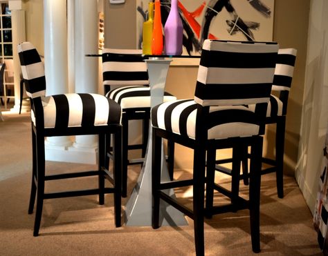 #HPMKT Designmaster Furniture Carrollton #bar stools in #black and #white horizontal #stripe Black And White Kitchen Bar Stools, Black And Cream Bar Stools, Black And White Stripe Furniture, Black And White Stripes Desk, Black And White Barstool, Black And White Bar, Woven Bar Stools, Bar Stool Cushions, White Bar Stools