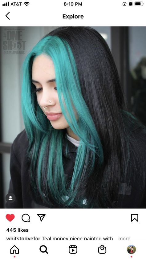 Teal And Black Hair, Black Hair With Money Piece, Hair With Money Piece, Dyeing Hair, Split Dyed Hair, Peekaboo Hair, Hair Color Options, Hair Color Unique, A Leap Of Faith