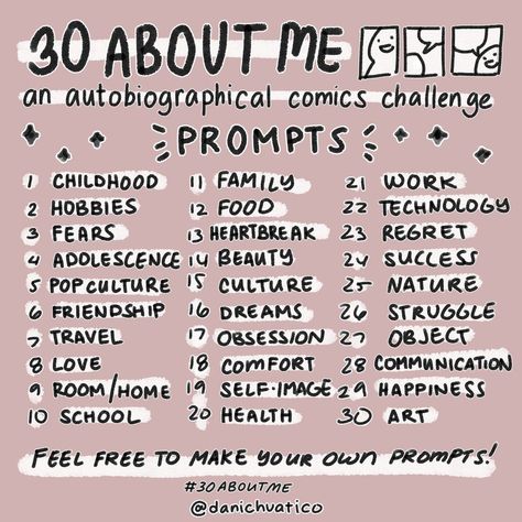 Autobiographical Comics, Freetime Activities, 30 Day Art Challenge, Art Journal Challenge, 30 Day Drawing Challenge, Journal Challenge, Art Style Challenge, Drawing Ideas List, Art Journal Prompts