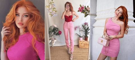 Redheads Wearing Pink, Red Hair And Pink Outfit, Red Hair With Pink Dress, Best Color For Redheads To Wear Clothes, Colors For Redheads To Wear, Red Head Outfits, Red Hair Pink Dress, Outfits For Redheads, Red Hair Outfits