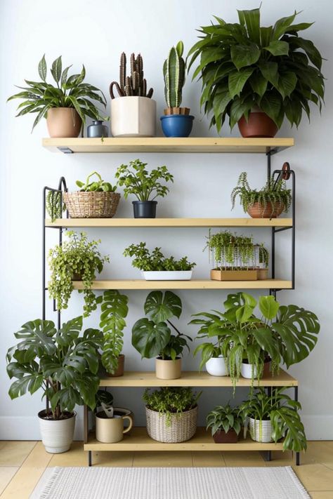 Transform your living room into a lush oasis with indoor plants and stylish wall shelves. Create a natural focal point with cascading greenery and display cherished items on open shelves. Find inspiration for creating a vibrant and welcoming space. Diy Plant Shelves, Oasis Living Room, Living Room Wall Shelves, Room Wall Shelves, Living Room Plants Decor, Styling A Bookcase, Wall Shelves Living Room, Green Oasis, Tv Display