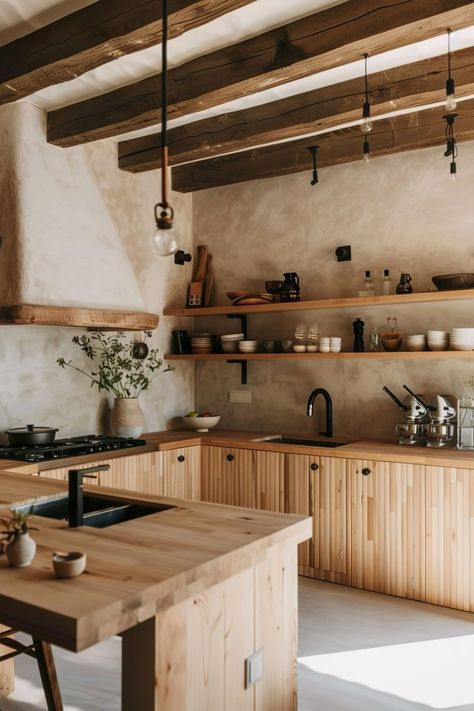 Roman Clay Backsplash Kitchen, Desert Inspired Kitchen, Rustic Cement Kitchen Ideas, Mallorca Kitchen, Adobe Kitchen Cabinets, Tadelakt Kitchen Backsplash, Wabi Sabi Open Kitchen, Spanish Mediterranean Kitchen Dark Wood, Mediterranean Kitchens