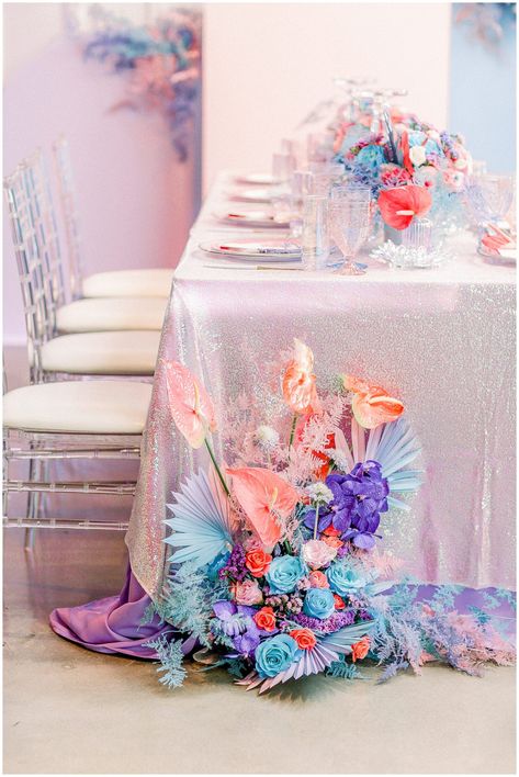 Unicorn Wedding Theme, Lisa Frank Wedding, Irredescent Wedding, Vaporwave Wedding, Iridescent Wedding Theme, Holographic Wedding, Aesthetic Weddings, Mermaid Flowers, Iridescent Wedding