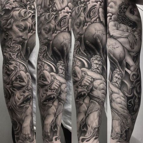 Sleeve Tattoos God, Greek Mythology Tattoos Sleeve Ideas, Hercules Tattoos, Greece Mythology Tattoo, Tattoos God, Hercules Tattoo, Black And White Tattoos, Greek God Tattoo, Mangas Tattoo