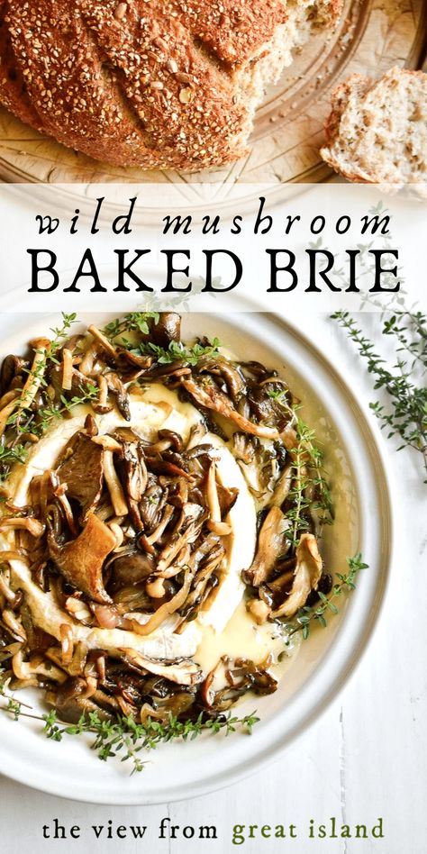 Mushroom Brie Recipes, Wild Mushroom Appetizer, Brie Mushroom Appetizer, Mushroom Baked Brie, Brie And Mushroom Appetizer, Mushroom Brie Appetizers, Baked Brie With Mushrooms, Unique Mushroom Recipes, Savory Baked Brie Recipes