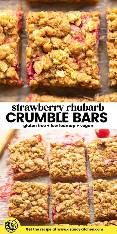 These Strawberry Rhubarb Bars are thick, soft and fruity! They are made with a buttery, oat and brown sugar cookie-like base topped off the simple strawberry-rhubarb fruit filling and topped with the final sprinkling of the simple crumble topping. Naturally gluten free with vegan and oat free options available! Vegan Strawberry Rhubarb Crisp, Strawberry Rhubarb Crisp Gluten Free, Vegan Strawberry Rhubarb Pie, Strawberry Rhubarb Crumble Bars, Gluten Free Strawberry Rhubarb Recipes, Rhubarb Gluten Free Recipes, Gluten Free Rhubarb Bars, Strawberry Rhubarb Gluten Free, Gf Rhubarb Recipes