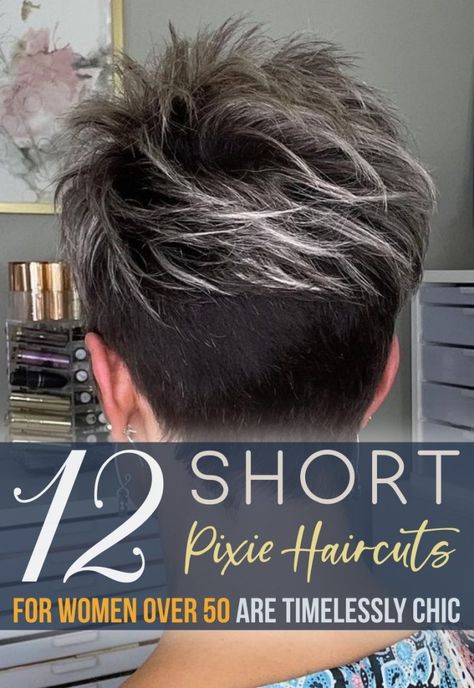 Looking for a new short pixie hairstyle to refresh your look? We’ve collated 12 of the best short haircuts for women over 50. Each of these styles can help you look and feel more confident — whether it’s because you feel younger or just love your new do. Latest Pixie Hairstyles For Women, Short Hairstyle Women Spikey, Short Haircuts From The Back, Spiked Short Hair Women, Black And Grey Short Hair, Undercut Pixie Haircut For Fine Hair, Short Spiky Hair For Women Over 50, Short Spiky Bob Hairstyles, Pixie Back View Short