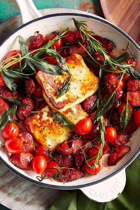 Halloumi One Pot With Chorizo And Roast Tomato Recipe | Better Homes and Gardens Halloumi And Chorizo Recipes, Halloumi Vegetable Bake, Halloumi And Vegetables, Chorizo And Halloumi Recipe, Chorizo And Halloumi Jambalaya, Halloumi Recipes, Gina Livy, Cooking Halloumi, Roasted Tomato Recipes