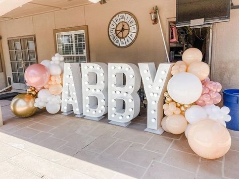 Marquee Name With Balloons, Name Marquee Letters With Balloons, Marquee Letters Balloons, Marquee Letters With Balloon Garland, Party Letters Decor, Marque Letters With Balloons, Balloons On Marquee Letters, Balloon Name Decorations, Light Up Letters With Balloons