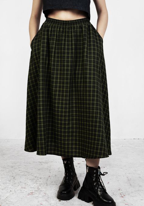 Leave nothing but footprints - Green and black gingham midi skirt   - Fully elasticated waistband for all day comfort - Modest midi length allows versatile styling- Two handy side pockets – praise be!  - Soft woven fabric will stand the test of time - Grunged-up gingham - Non-stretch fabrication 100% cottonNina is 5’7” Leave Nothing But Footprints, Goth Skirts, Praise Be, Tailored Jumpsuit, Black Gingham, Printed Denim, Green And Black, Paper Doll, Alternative Fashion