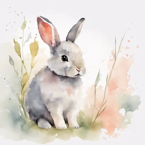 Easter Watercolor Paintings Easy, Bunny Watercolor Painting, Rabbit Paintings, Watercolour Rabbit, Watercolor Bunnies, Hare Watercolour, Cute Fox Drawing, Baby Room Paintings, Rabbit Sitting