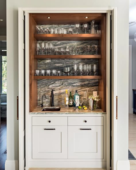 Living Room Bar Cabinet Built Ins, Built In Drink Fridge, Hidden Home Bar Ideas, Bar Closet Ideas Built Ins, Coffee Bar Closet, Bar Nook In Kitchen, Secret Bar In House, Closet Dry Bar, Living Room With Bar Area