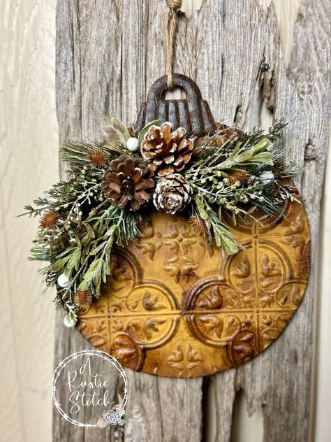 Dollar Tree Faux Tin Tile Christmas Tree, Tin Tile Ornaments, Dollar Tree Tile Diy, Dollar Tree Tile Christmas Tree, Dollar Tree Tin Tile Crafts, Dollar Tree Tile Crafts, Dollar Tree Wall Tiles, Rustic Christmas Crafts, Vintage Booth