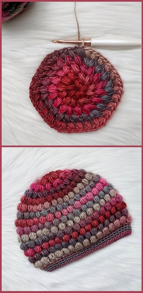 Puff Stitch Crochet Tutorial (+ Puff Stitch Beanie) – Tutorials & More Puff Stitch Beanie Free Pattern, Crochet Puff Stitch Hat Free Pattern, Puff Crochet Stitch, Puff Stitch Crochet Pattern, Puff Stitch Crochet Tutorial, Crochet Puff Stitch Hat, Puff Stitch Crochet Hat, Cap Design Ideas, Puff Stitch Beanie