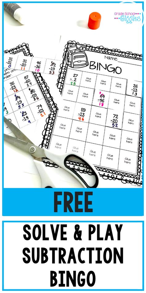 About 2nd grade, when kids get to double-digit subtraction with regrouping, their math gets more challenging. Sometimes kids need extra motivation in math, especially if they still need to develop fluency with their facts or with borrowing. That's why games, like solve and play bingo, are such great activities. In order for kids to play the game, they have to finish the worksheet and glue the problems onto their bingo cards. Check out the free printable bingo game. #Subtraction #2ndGrade #Math Subtracting With Regrouping Activities, Subtraction With Borrowing, Teaching Subtraction, Regrouping Subtraction, Sped Math, Subtraction With Regrouping, Subtraction Activities, Math Groups, Math Intervention