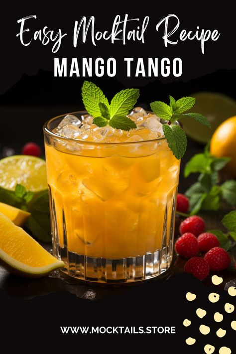 Mango Tango Mocktail Mango Tango Drink Recipes, Halal Mocktails, Gold Mocktails Non Alcoholic, Mango Mocktail Recipe, Mango Tango Drink, Mango Mocktail, Hibiscus Drink, Easy Mocktail Recipes, Moroccan Mint Tea