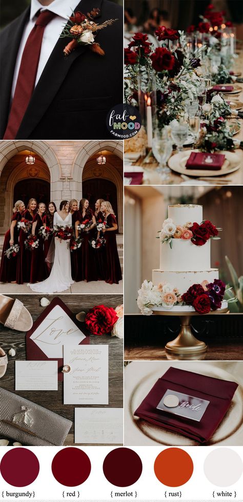 Beautiful Burgundy, Red and White Wedding Colour Scheme 1 - Fab Mood | Wedding Colours, Wedding Themes, Wedding colour palettes Burgundy Color Wedding Theme, Fall Colour Wedding Theme, Charcoal Grey And Red Wedding Theme, Cabernet Color Palette Wedding, Burgundy Palette Wedding, Wine Colour Wedding Theme, Red And Terracotta Wedding, Wine And Silver Wedding Colors, Cherry Red Wedding Color Schemes