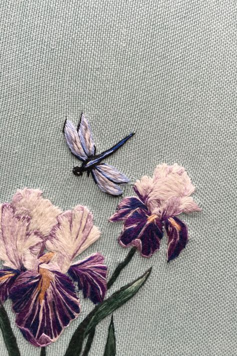 Iris Embroidery, Textile Portfolio, Embroidered Journal, Embroidered Notebook, Embroidery Journal, Dragonfly Embroidery, Custom Journal, Reupholster Furniture, Iris Flower