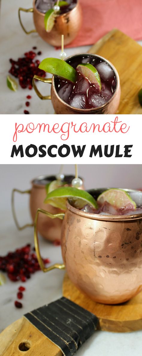 POMEGRANATE MOSCOW MULE - the perfect holiday drink! Pomegranate Mule Holiday Cocktails, Pomegranate Mixed Drink, Pomegranate Alcohol Drink, Pomegranate Mule Recipe, Holiday Mules Cocktail Recipes, Pomogranette Cocktail, Christmas Moscow Mule Recipe, Pomegranate Liqueur Cocktails, Holiday Mule Cocktail