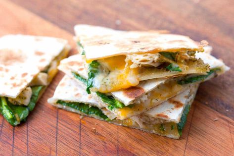 Pesto Chicken Quesadillas Easy Quesadilla, Quesadilla Recipes Easy, Homemade Pesto Recipe, Chicken Quesadilla Recipe, Quesadilla Recipe, Quesadilla Recipes, Chicken Quesadillas, Homemade Pesto, Spinach And Cheese