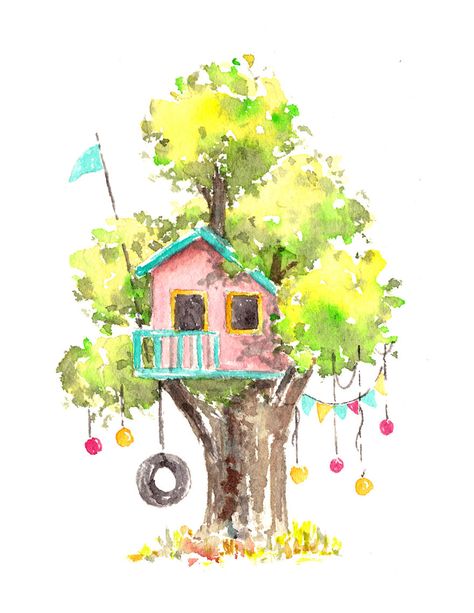 I Use Watercolours To Paint Whimsical Tree Houses Watercolour Houses Simple, Treehouse Drawing Simple, Tree House Drawing Simple, Watercolor Houses Simple, Cute House Painting, Watercolor House Painting Simple, Tree House Watercolor, Tree House Painting, Whimsical Art Illustrations