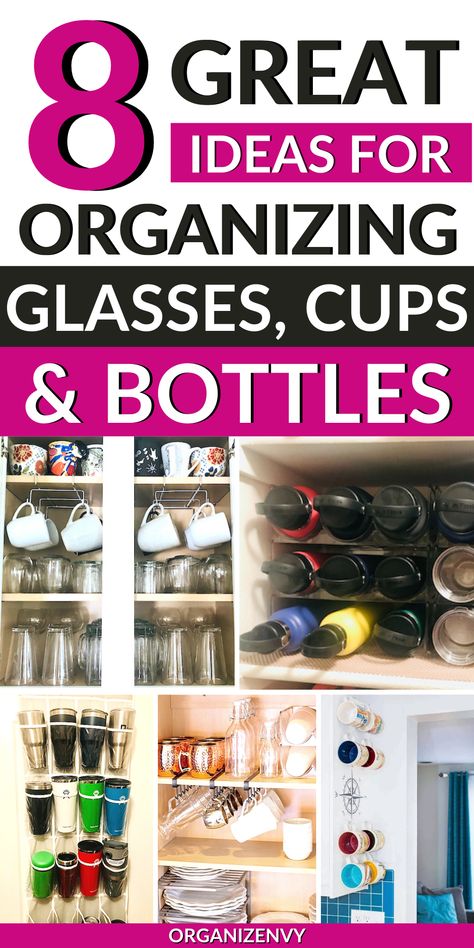 How to organize cups and glasses in kitchen cabinets, pantry & wall displays. Smart water bottle storage solutions. How To Organize Glasses In Cabinet, Organize Glasses And Cups, Kitchen Glasses Organization, Coffee Cup Cabinet Organization, Travel Cup Storage Ideas, Ways To Store Water Bottles, Blender Bottle Storage, Organizing Cups In Cabinet, Organize Water Bottles In Cabinet