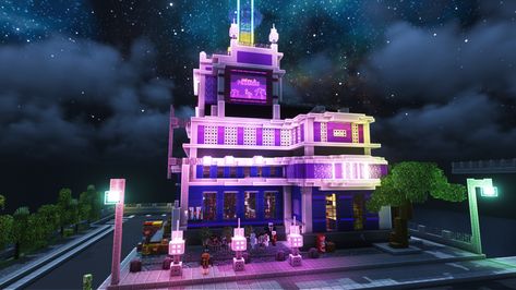 Minecraft Modern Build Minecraft Tokyo Builds, Club In Minecraft, Neon City Minecraft, 80s Minecraft Builds, Minecraft Arcade Building, Minecraft Club Build, Neon Minecraft Builds, Minecraft Club Ideas, Minecraft Casino Ideas