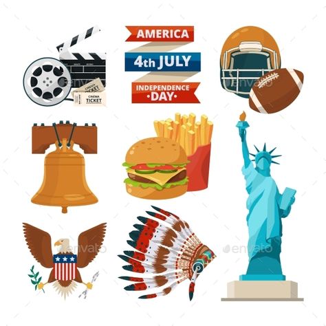 Culture objects of americans usa. Vector illustrations in cartoon style. American culture, statue of liberty, travel in america, eagle and football traditional Country Stickers, Usa Culture, Independence Day Background, America Eagle, Flag Icon, National Symbols, Travel Stickers, American Culture, 4th July