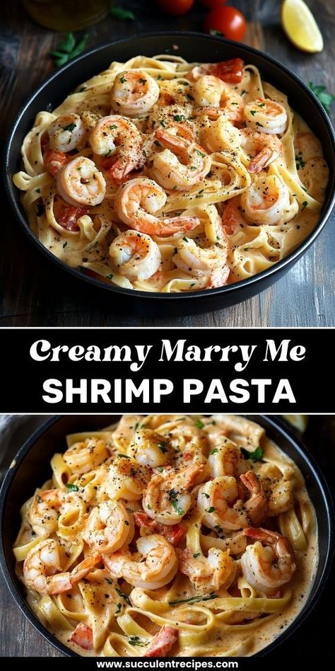 Indulge in this Rich and Creamy Marry Me Shrimp Pasta! A delicious combination of tender shrimp, garlic, and creamy sauce that will win over anyone's heart. Tequila Shrimp Pasta, Marry Me Shrimp Pasta All Recipes, Best Cajun Shrimp Pasta, Garlic Shrimp With Pasta, Creamy Sausage And Shrimp Pasta, Italian Recipes With Shrimp, Italian Pasta With Shrimp, Marry Me Chicken And Shrimp Pasta, Shrimp Marry Me Pasta