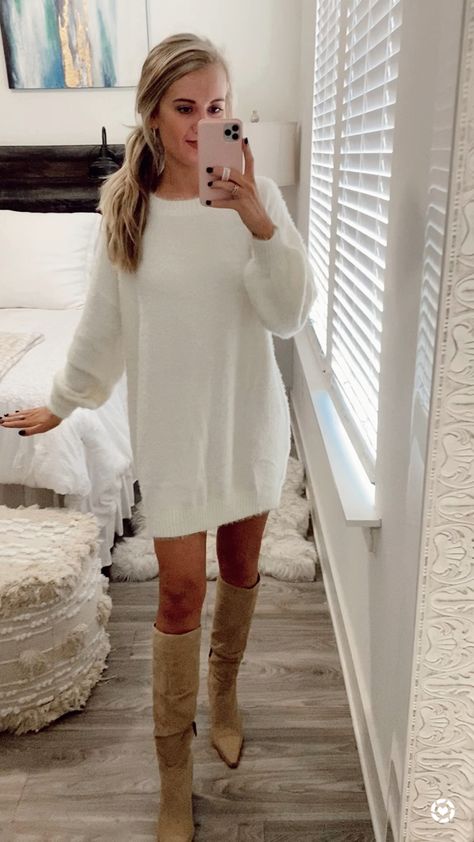 White Dress In Fall Outfit, Amazon Sweater Dress, Elegant Home Outfit, Christmas Sweater Dress Outfit, Sweater Dress Christmas Outfit, Short Sweater Dress Outfit, Sweater Dress And Boots Outfit, Church Casual Outfit, Christmas Picture Outfits