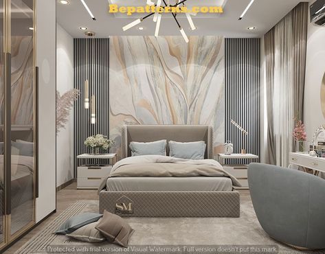 Theme Based Bedroom Interior, New Bedroom Design Modern, Louvers Design Interior Wall Bedroom, Modern Bedroom Videos, New Modern Bedroom Design, Pale Blue Master Bedrooms Decor, Textured Wall In Bedroom, Bedroom Ideas High Ceiling, Modern Bedrooms Luxury