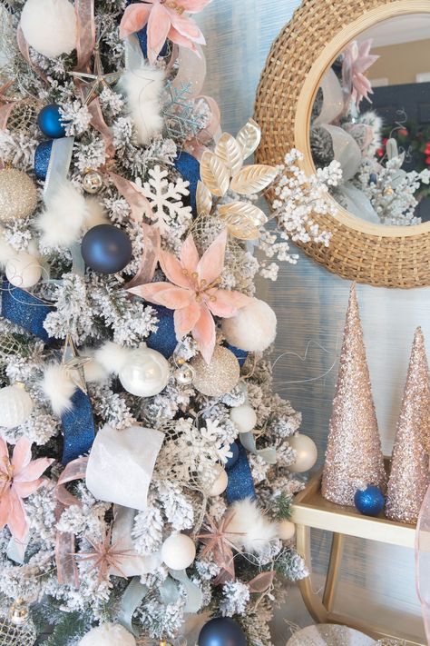 I'm sharing my pink and navy Christmas tree! See all of the details and find out how I put this tree together in under 30 minutes! #pinkandnavychristmastree #christmasdecor #christmas Pink And Navy Christmas, Navy Christmas Tree, Pink Christmas Tree Decorations, Christmas Mantles, Christmas Tree Inspo, White Christmas Tree Ideas, Flocked Christmas Trees Decorated, Navy Christmas, Blue Christmas Decor