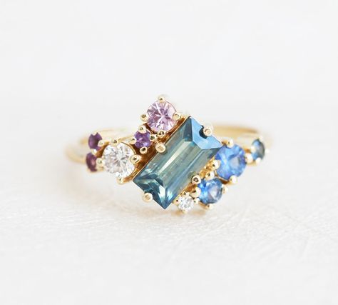 Baguette Sapphire Cluster Ring Unique Teal Sapphire | Etsy Quality Rings, Ring Baguette, Ring Cluster, Multi Gemstone Ring, Teal Sapphire, Ring Trends, Cluster Engagement Ring, Morganite Engagement, Morganite Engagement Ring