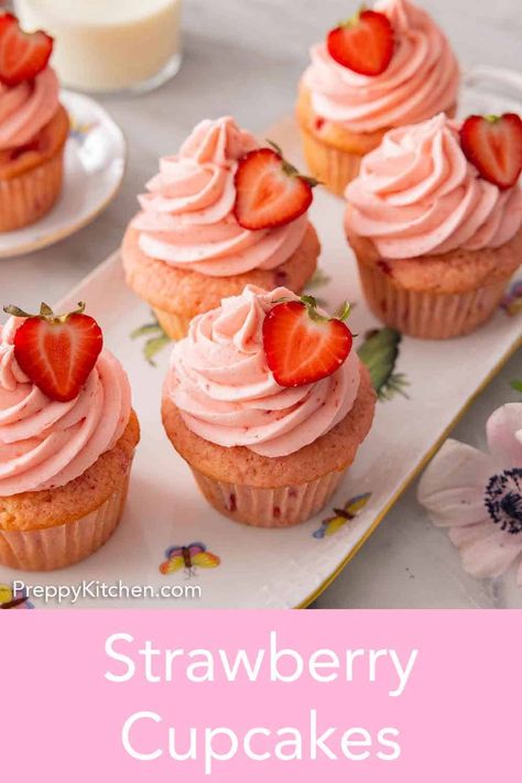 Soft, fluffy, and moist, these fresh Strawberry Cupcakes will melt in your mouth! Easily made from scratch, these cupcakes are filled with fresh strawberries and topped with a beautiful pink strawberry frosting. These cupcakes are bursting with strawberry flavor and are perfect for any occasion. Simple Strawberry Cupcakes, Dairy Free Strawberry Cupcakes, Best Strawberry Cupcakes Ever, Pink Strawberry Cupcakes, Strawberry Cupcakes With Buttercream Frosting, Straw Berry Cupcakes, Easy Strawberry Cupcake Recipe, Berry Cupcakes Recipes, Real Strawberry Cupcakes